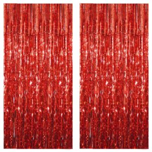 acuteye red foil fringe curtain 3.3×8.3ft 2 packs, metallic tinsel curtains party streamers for birthday graduation baby shower decoration (2pcs,3.3ft×8.3ft, red)