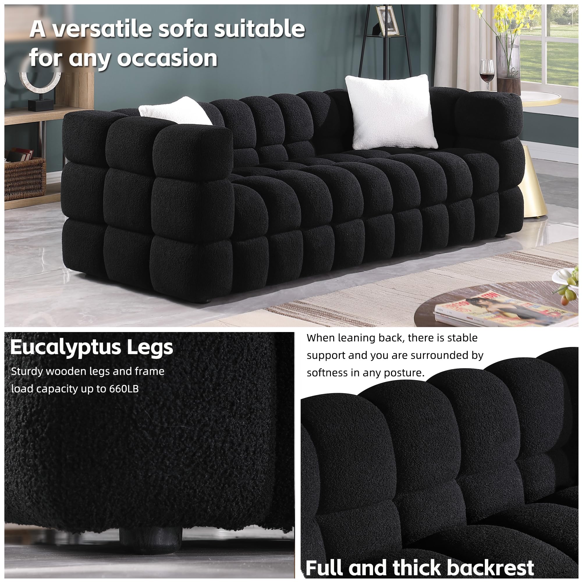 Olodumare 84.3" Modern Cloud Couch with Extra Deep Seats,3 Seater Sofa,Cream Boucle Couch with 2 Pillows Decor Furniture,Marshmallow Tufted Couches for Living Room,Office.Black