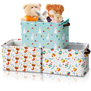 maxcheck 3 pcs easter storage basket with handles bunny eggs rabbit rectangular collapsible bin fabric large foldable storage box organizer bins for toys books playroom bedroom, 15 x 11 x 9.5 inch