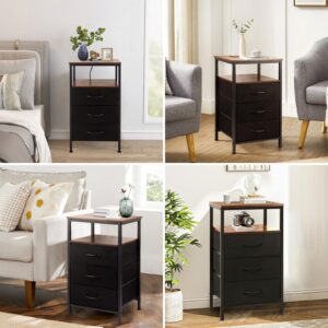 TOWPONICS Nightstand with Charging Station, Bedside End Table with USB Ports and Outlets, Side Table with 3 Fabric Drawers, 2-Tier Shelf, Night Stand for Bedroom Room, Rustic Brown, 28inch