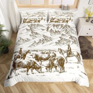 Erosebridal Cattle Duvet Cover King, Cows Grazing Bedding Set for Cowboys, Hand Drawn American Wild West Mountain Cowboy Comforter Cover, Farmhouse Rustic Country Bedroom Decor Retro Quilt Cover