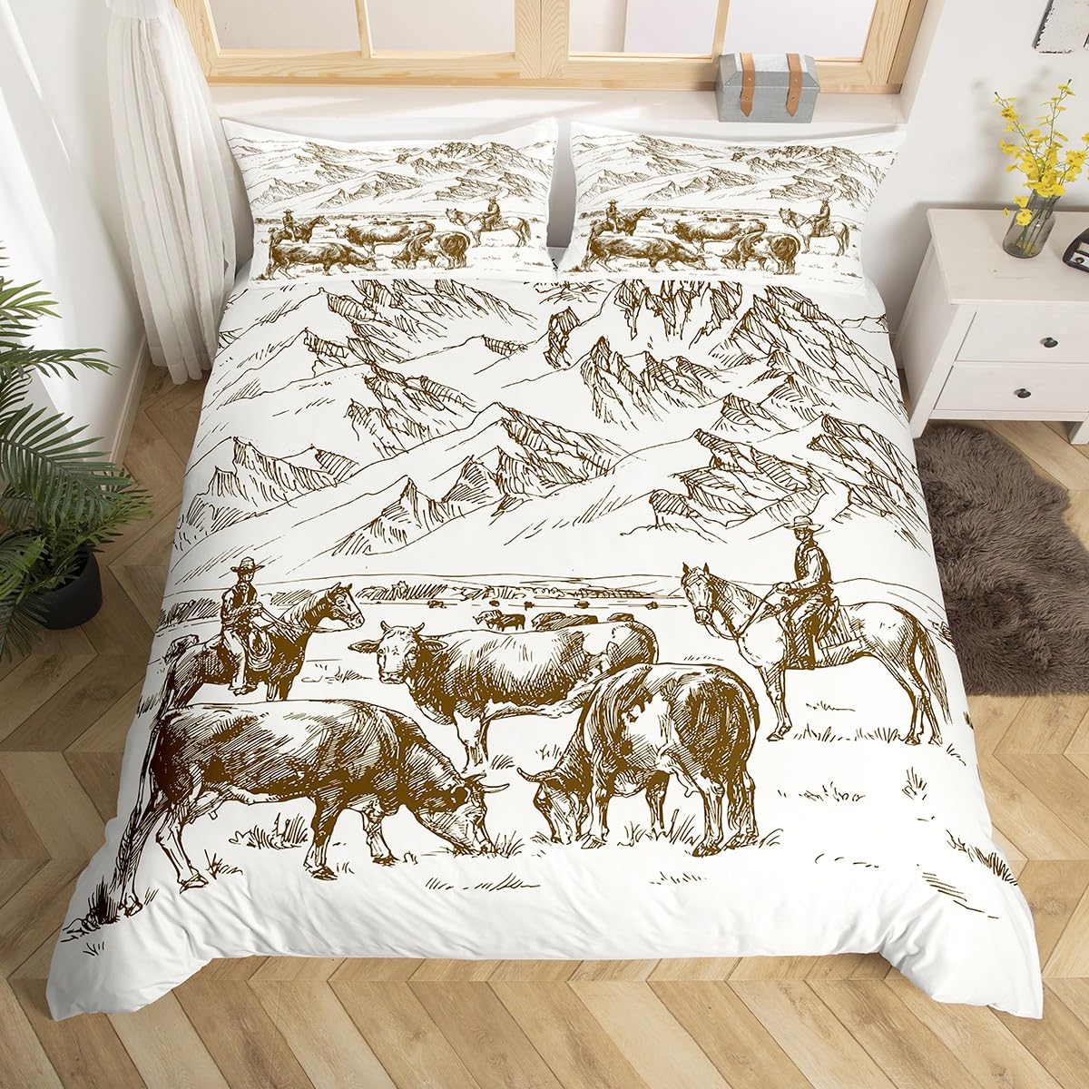 Erosebridal Cattle Duvet Cover King, Cows Grazing Bedding Set for Cowboys, Hand Drawn American Wild West Mountain Cowboy Comforter Cover, Farmhouse Rustic Country Bedroom Decor Retro Quilt Cover