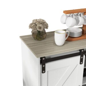 Panana Sliding Barn Door Buffet Sideboard Storage Cabinet Coffee Bar Kitchen Farmhouse Style (White Cabinet Nature Top)