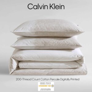 Calvin Klein - Queen Duvet Cover Set, Soft Cotton Percale Bedding, Ikat Pinstripe Home Decor (Neutral Pink, Queen)