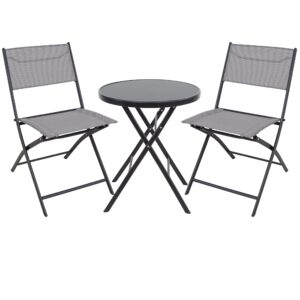 btexpert 3-piece patio bistro dining furniture set portable folding picnic table two chairs outdoor foldable gray for backyard porch party rv event camping commercial grade tempered glass no assembly