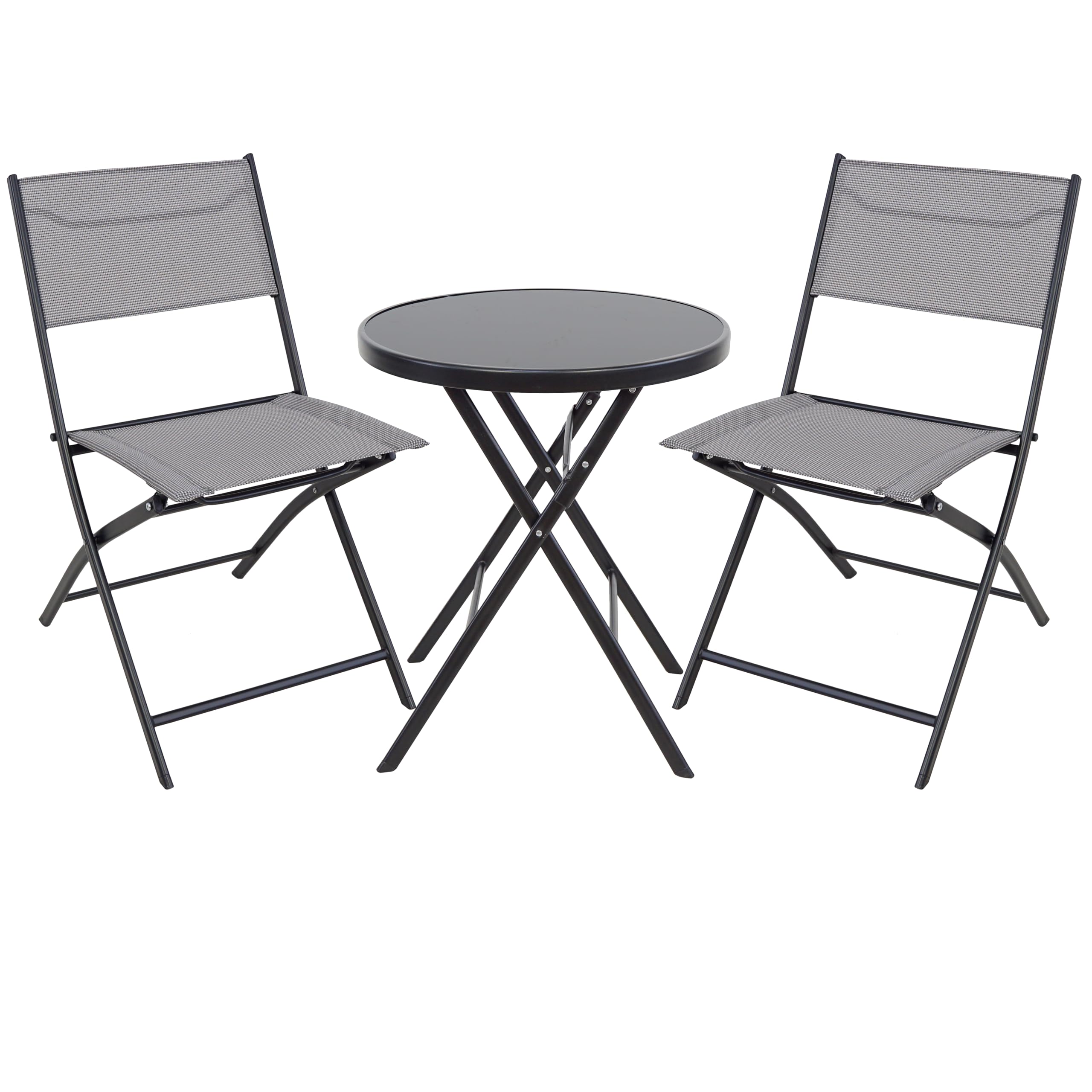 BTEXPERT 3-Piece Patio Bistro Dining Furniture Set Portable Folding Picnic Table Two Chairs Outdoor Foldable Gray for Backyard Porch Party RV Event Camping Commercial Grade Tempered Glass No Assembly