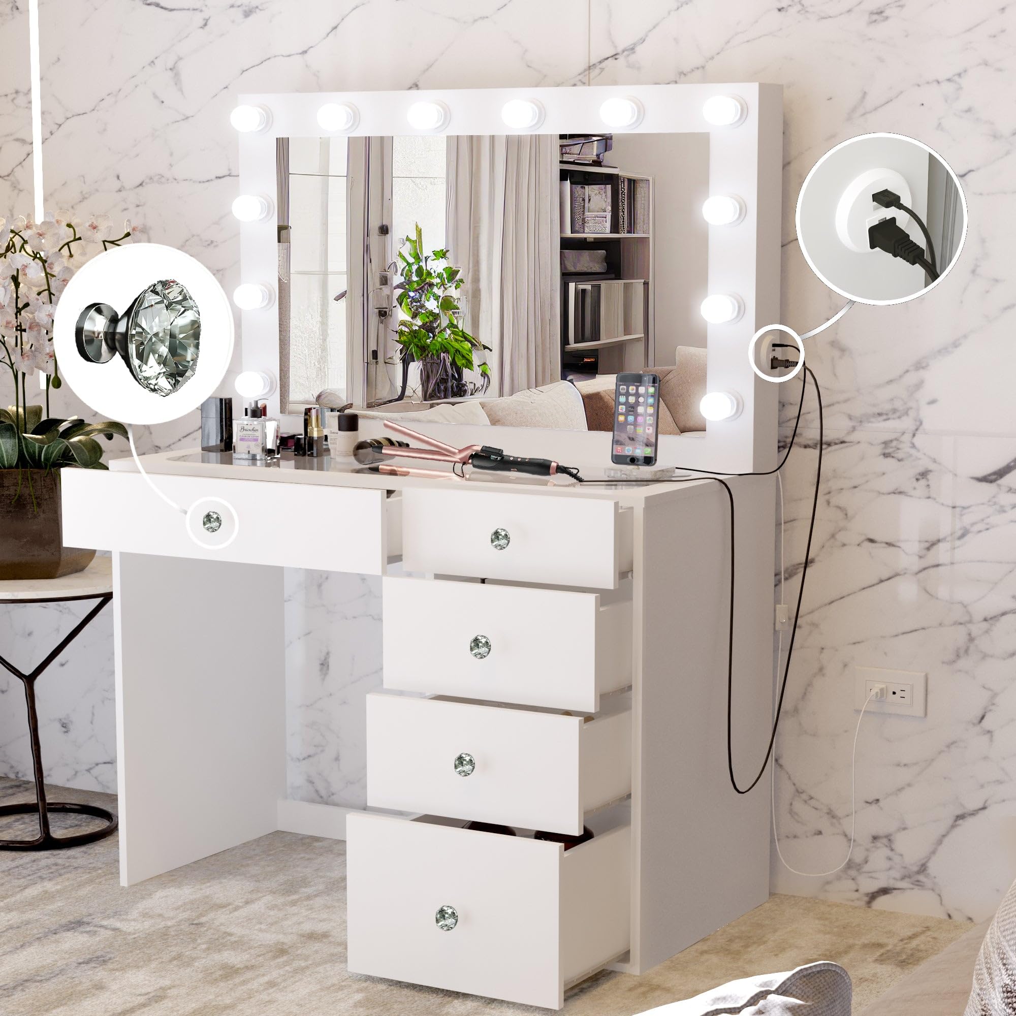 Boahaus Alana White Makeup Vanity Desk with Lights, 5 Drawers, Glass Top, USB Ports