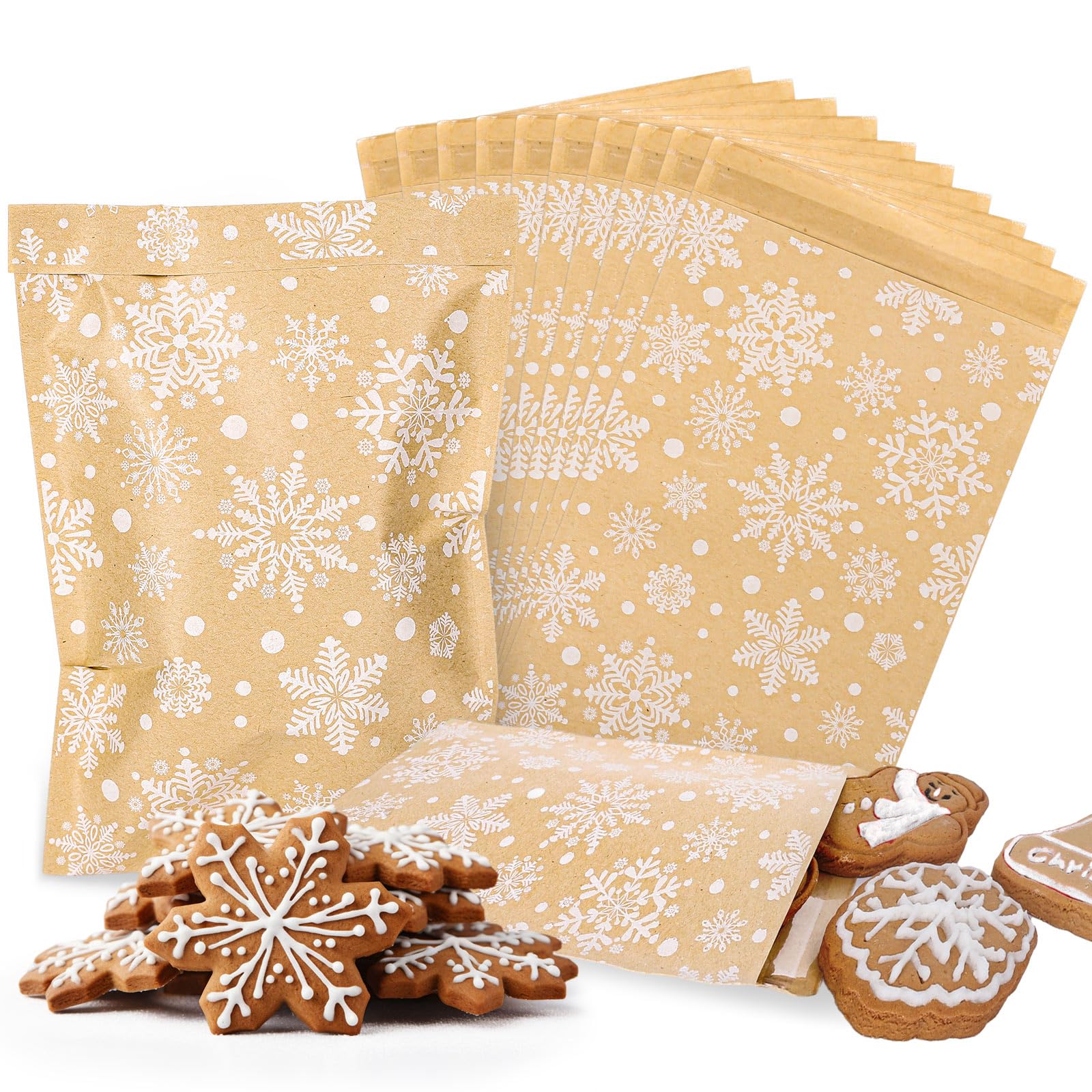 Whaline 100Pcs Christmas Kraft Treat Bags Self-Adhesive Winter White Snowflake Prints Goodie Snack Gift Bags Xmas Candy Buffet Kraft Bags for Winter Holiday Party Favor Supplies