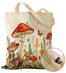 miss adola aesthetic canvas tote bag with inner pocket for women unique funny pattern design casual sturdy cloth cotton totes bag with pattern for vacation, shopping, work, gym - mushroom forest