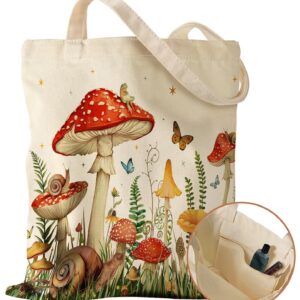 Miss Adola Aesthetic Canvas Tote Bag with Inner Pocket for Women Unique Funny Pattern Design Casual Sturdy Cloth Cotton Totes Bag with Pattern for Vacation, Shopping, Work, Gym - Mushroom Forest