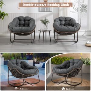 Patio Outdoor Rocking Chair Set of 2, Indoor Rattan Rocker Egg Chair, Comfy Oversized Papasan Chair with Thicker Cushion for Patio, Front Porch, Backyard, Garden, Balcony, Lounge, Living Room, Grey