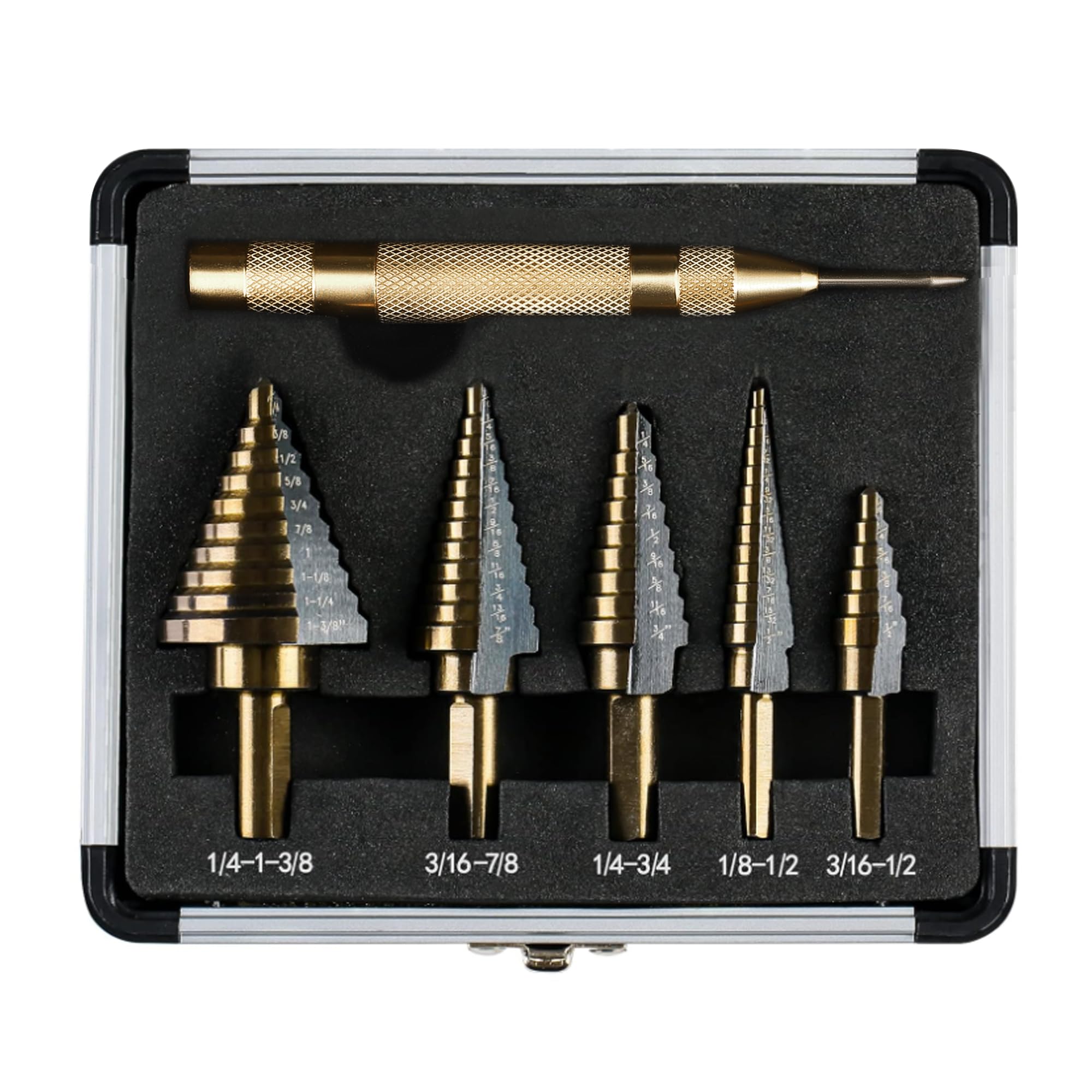 KENDO 5PCS Step Drill Bits with Automatic Center Punch - Black and Gold, High Speed Steel Unibit Step Drill Bit Set, Total 50 Sizes HSS Titanium Step Bits for Metal, DIY Lovers with Aluminum Case