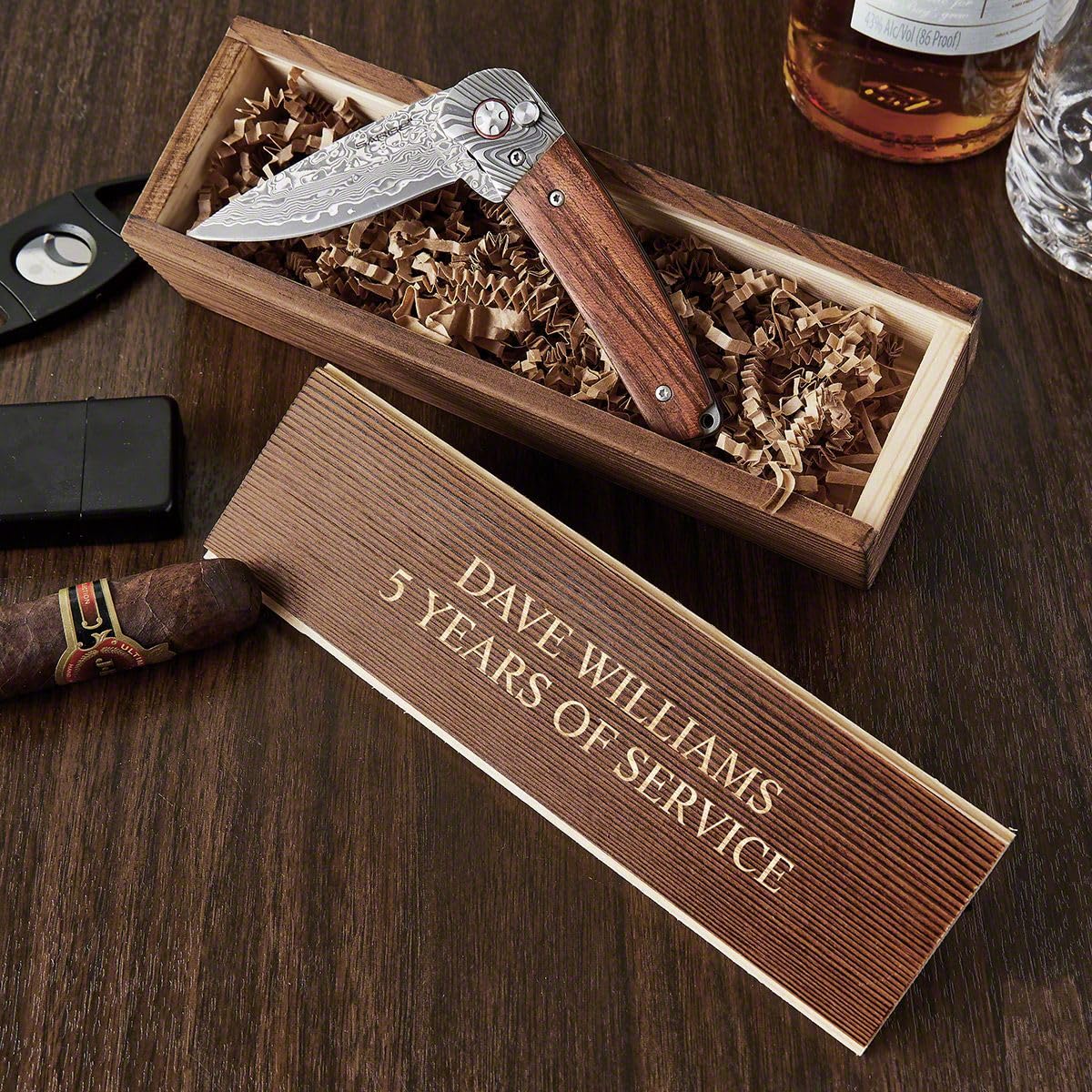 HomeWetBar Damascus Steel Knife with Engraved Wood Idea Box. Custom Utility Pocket Knife for Outdoor Enthusiasts, Perfect for Groomsmen Ideas and Special Occasions