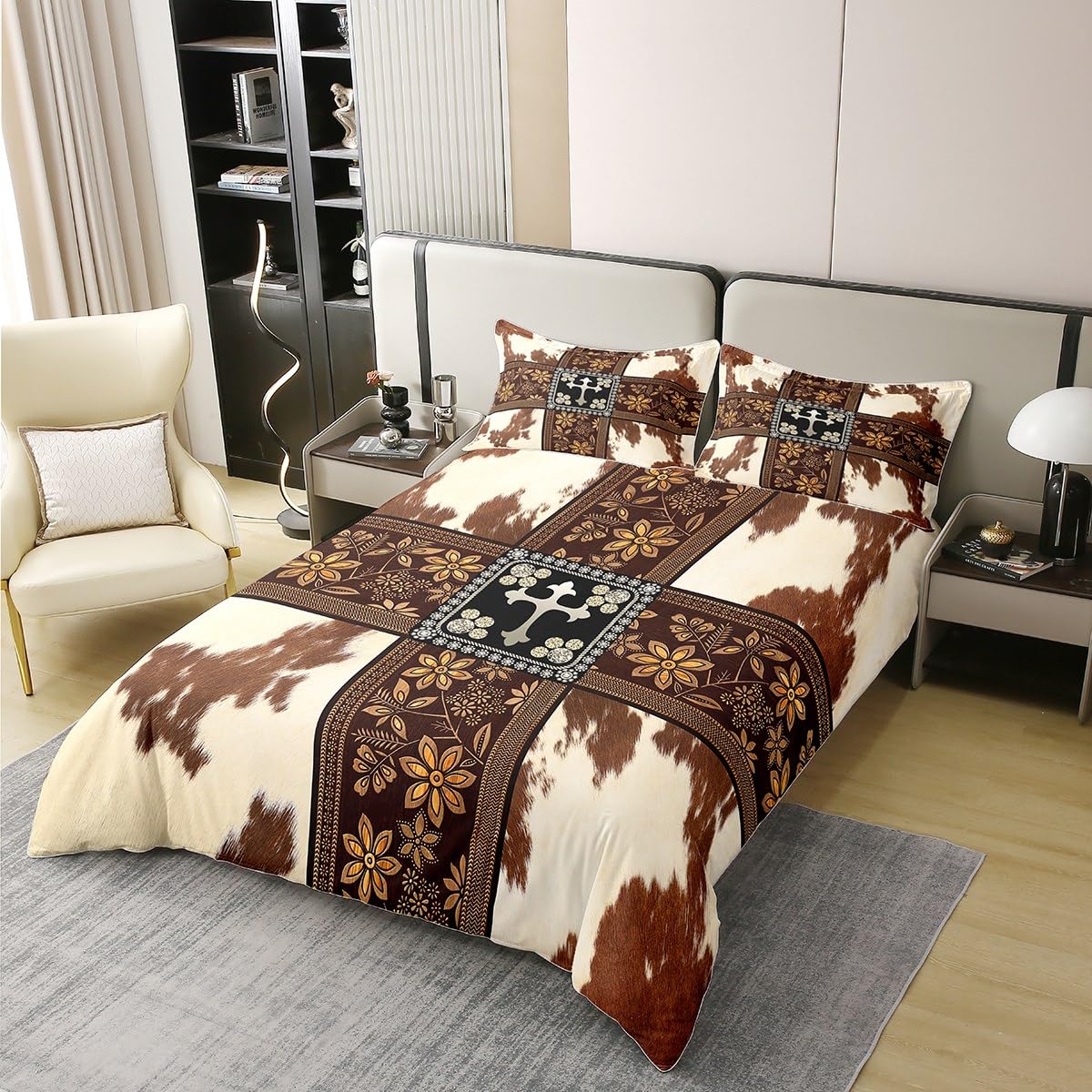 Cow Fur Print 100% Cotton Duvet Cover Brown White Cowhide Comforter Cover King Size Old Fashioned Floral Bedding Sets Southwest Western Style Bed Sets Wild Animal Hair Fur Pattern Quilt Cover,3Pcs