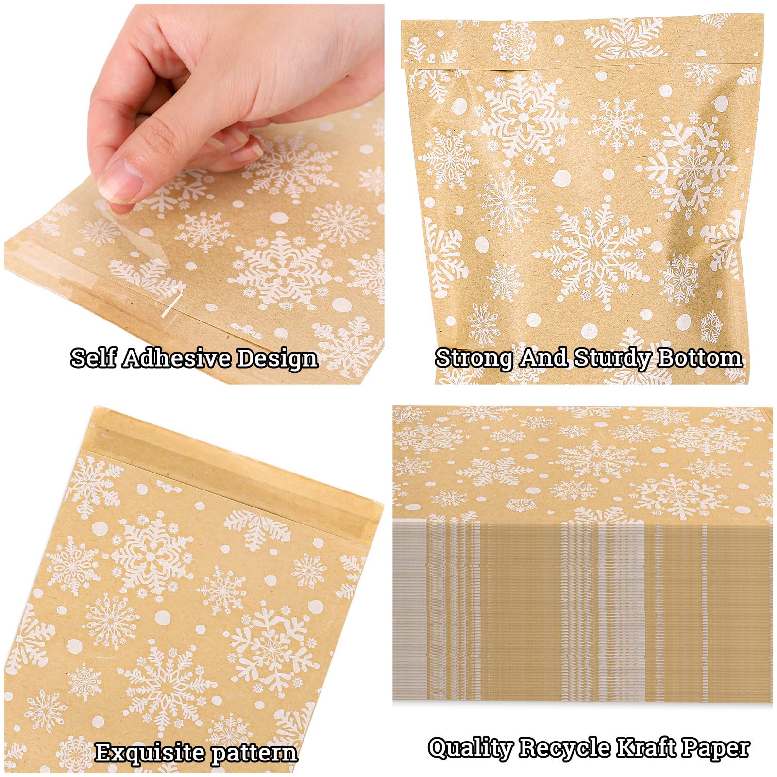 Whaline 100Pcs Christmas Kraft Treat Bags Self-Adhesive Winter White Snowflake Prints Goodie Snack Gift Bags Xmas Candy Buffet Kraft Bags for Winter Holiday Party Favor Supplies