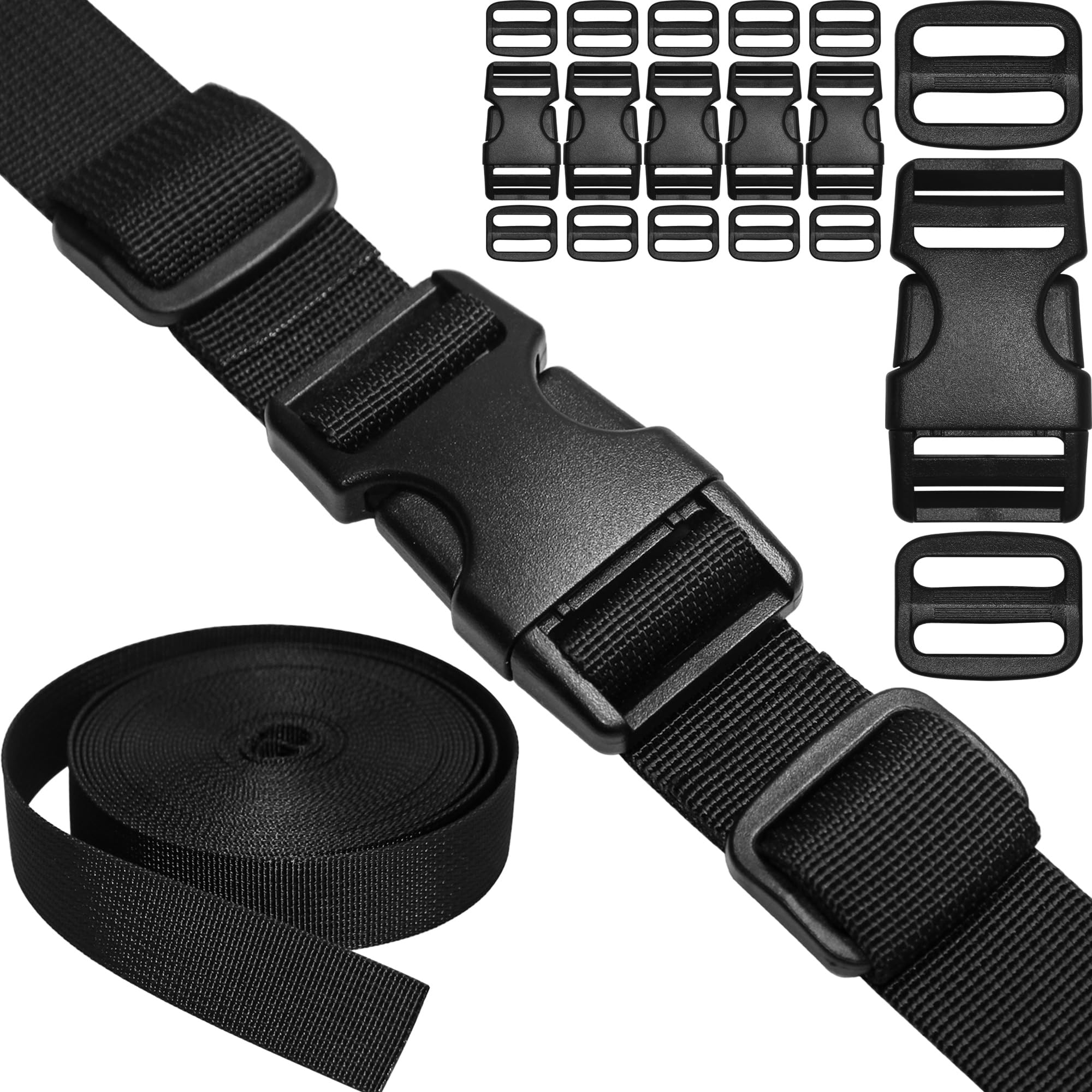 1" Straps and Buckles Set: 6 Yard Nylon Webbing 1 inch (25 mm) Wide, 6 Pack Side Release Buckle, 12 pcs Tri-Glide Sliders, Plastic Clip Quick Fastener Replacement Heavy Duty Dual Adjustable No Sew