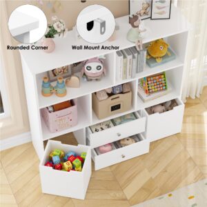 FOTOSOK Toy Storage Organizer with 4 Drawers, Toy Organizers and Storage with Concealed Wheels and 5 Storage Cubbies, Multifunctional Storage Chest Storage Organization, Playroom Furniture, White