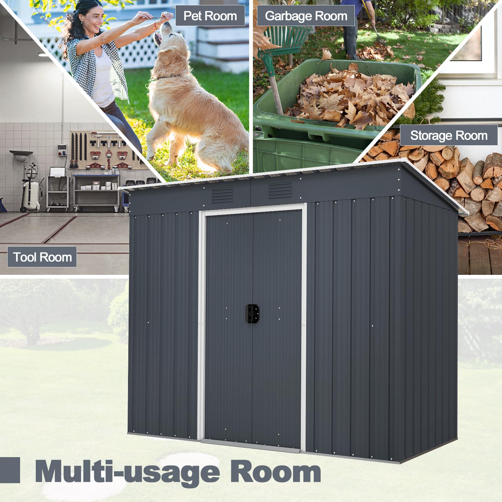 Goplus Outdoor Storage Shed with Floor Foundation, 3.2 FT x 6.7 FT Weather-Resistant Metal Tool Shed w/Air Vents & Lockable Door, Garden Sheds & Outdoor Storage for Outside Backyard, Patio, Lawn