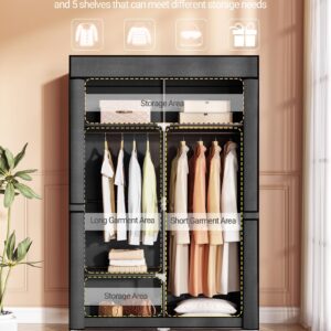 Hzuaneri 35.8 Inch Closet Wardrobe, Clothes Storage Organizer for Hanging Clothes with Cover, 2 Hanging rods, 5 Storage Shelves, Portable Closet for Bedroom 35.8 x 17.7 x 66 inches, Pure Black