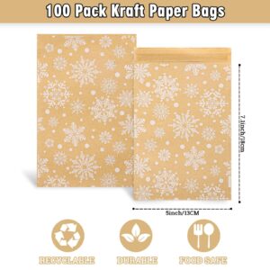 Whaline 100Pcs Christmas Kraft Treat Bags Self-Adhesive Winter White Snowflake Prints Goodie Snack Gift Bags Xmas Candy Buffet Kraft Bags for Winter Holiday Party Favor Supplies