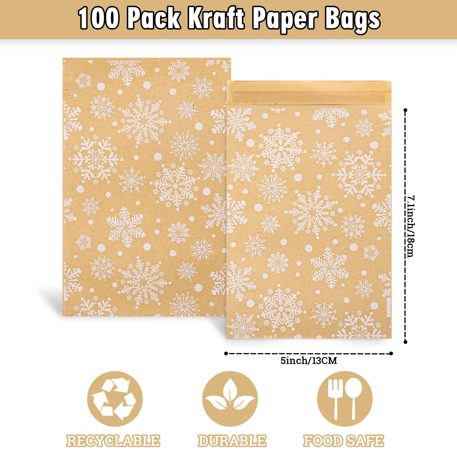 Whaline 100Pcs Christmas Kraft Treat Bags Self-Adhesive Winter White Snowflake Prints Goodie Snack Gift Bags Xmas Candy Buffet Kraft Bags for Winter Holiday Party Favor Supplies