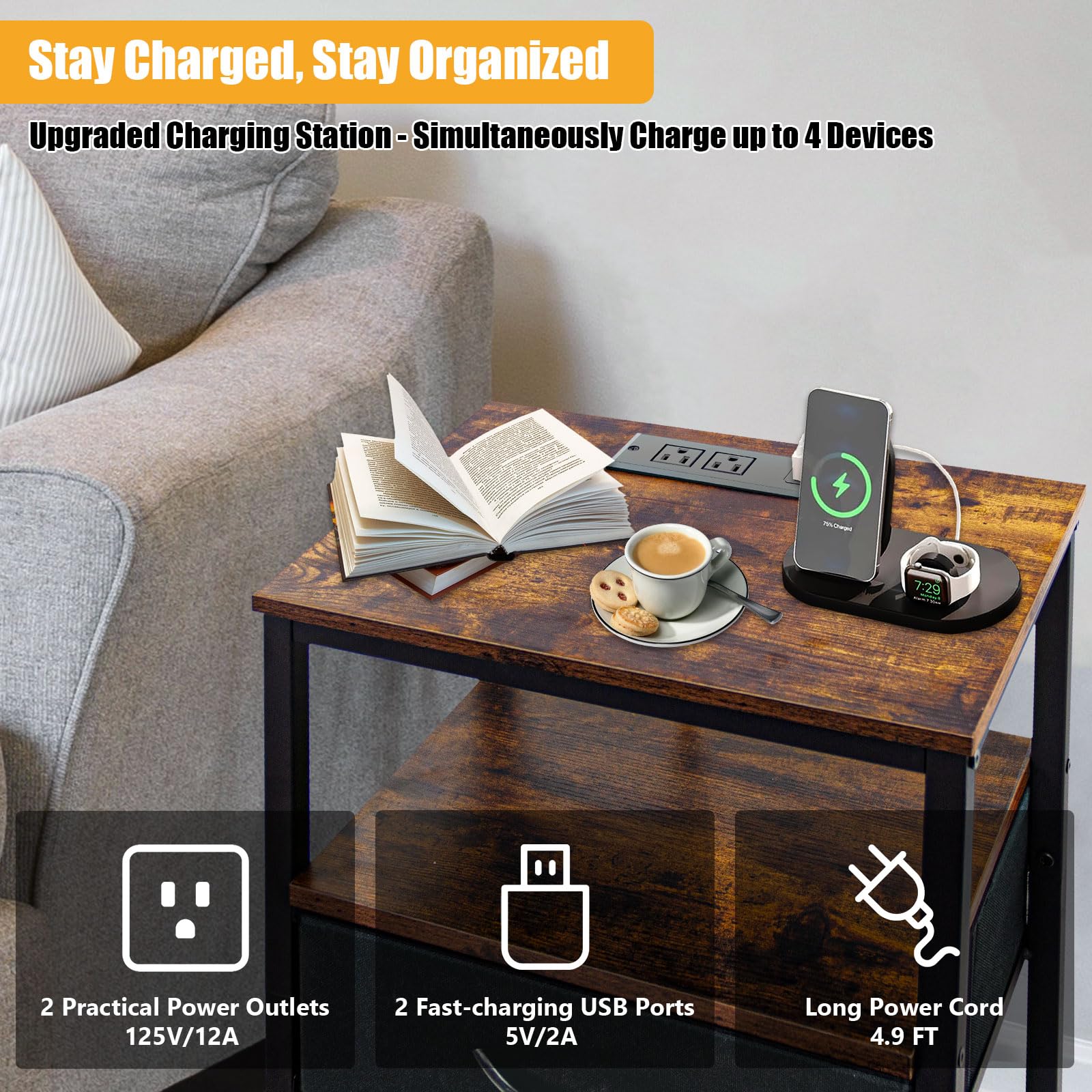 TOWPONICS Nightstand with Charging Station, Bedside End Table with USB Ports and Outlets, Side Table with 3 Fabric Drawers, 2-Tier Shelf, Night Stand for Bedroom Room, Rustic Brown, 28inch