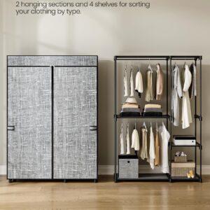 Hzuaneri Closet Wardrobe, 48.8-inch Portable Closet for Bedroom, 3 Clothes Rail Clothes Rail with Fabric Cover, Clothes Storage Organizer, 48.8 x 16.9 x 71.8 Inches, 4 Compartments, Grey WC09304G