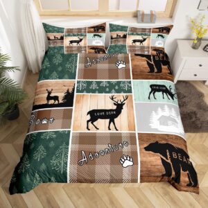 retro cabin comforter cover, pine tree buffalo plaid duvet cover bear deer elk bedding set, forest wildlife woodland animals quilt cover hunting lodge country rustic farmhouse bedroom decor, twin