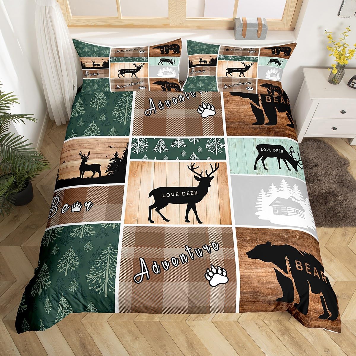 Retro Cabin Comforter Cover, Pine Tree Buffalo Plaid Duvet Cover Bear Deer Elk Bedding Set, Forest Wildlife Woodland Animals Quilt Cover Hunting Lodge Country Rustic Farmhouse Bedroom Decor, Twin