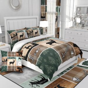 Retro Cabin Comforter Cover, Pine Tree Buffalo Plaid Duvet Cover Bear Deer Elk Bedding Set, Forest Wildlife Woodland Animals Quilt Cover Hunting Lodge Country Rustic Farmhouse Bedroom Decor, Twin