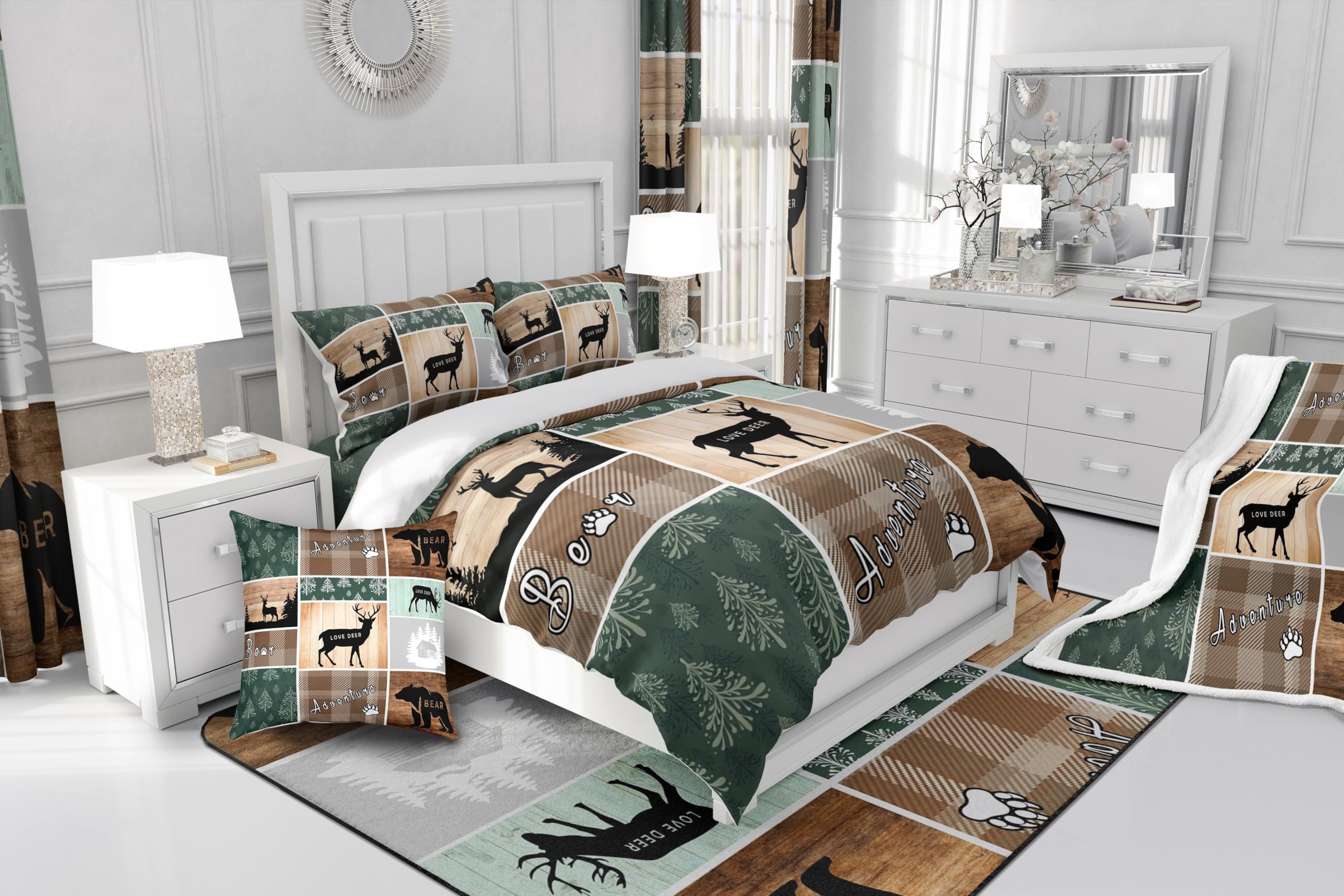 Retro Cabin Comforter Cover, Pine Tree Buffalo Plaid Duvet Cover Bear Deer Elk Bedding Set, Forest Wildlife Woodland Animals Quilt Cover Hunting Lodge Country Rustic Farmhouse Bedroom Decor, Twin