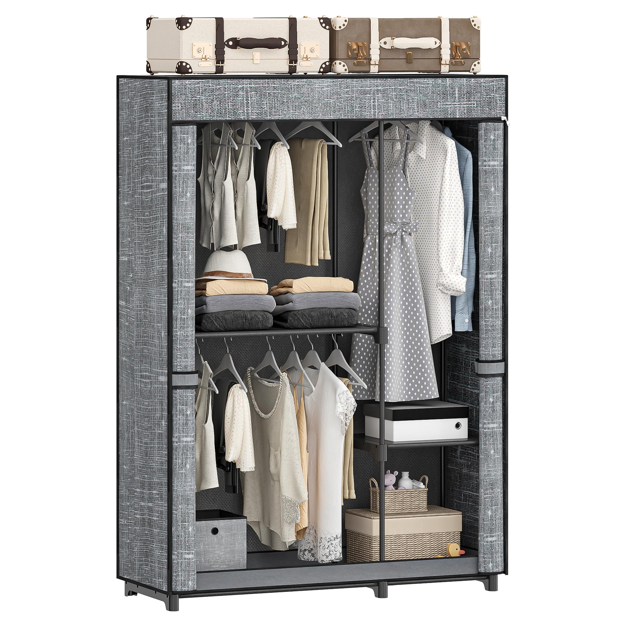 Hzuaneri Closet Wardrobe, 48.8-inch Portable Closet for Bedroom, 3 Clothes Rail Clothes Rail with Fabric Cover, Clothes Storage Organizer, 48.8 x 16.9 x 71.8 Inches, 4 Compartments, Grey WC09304G