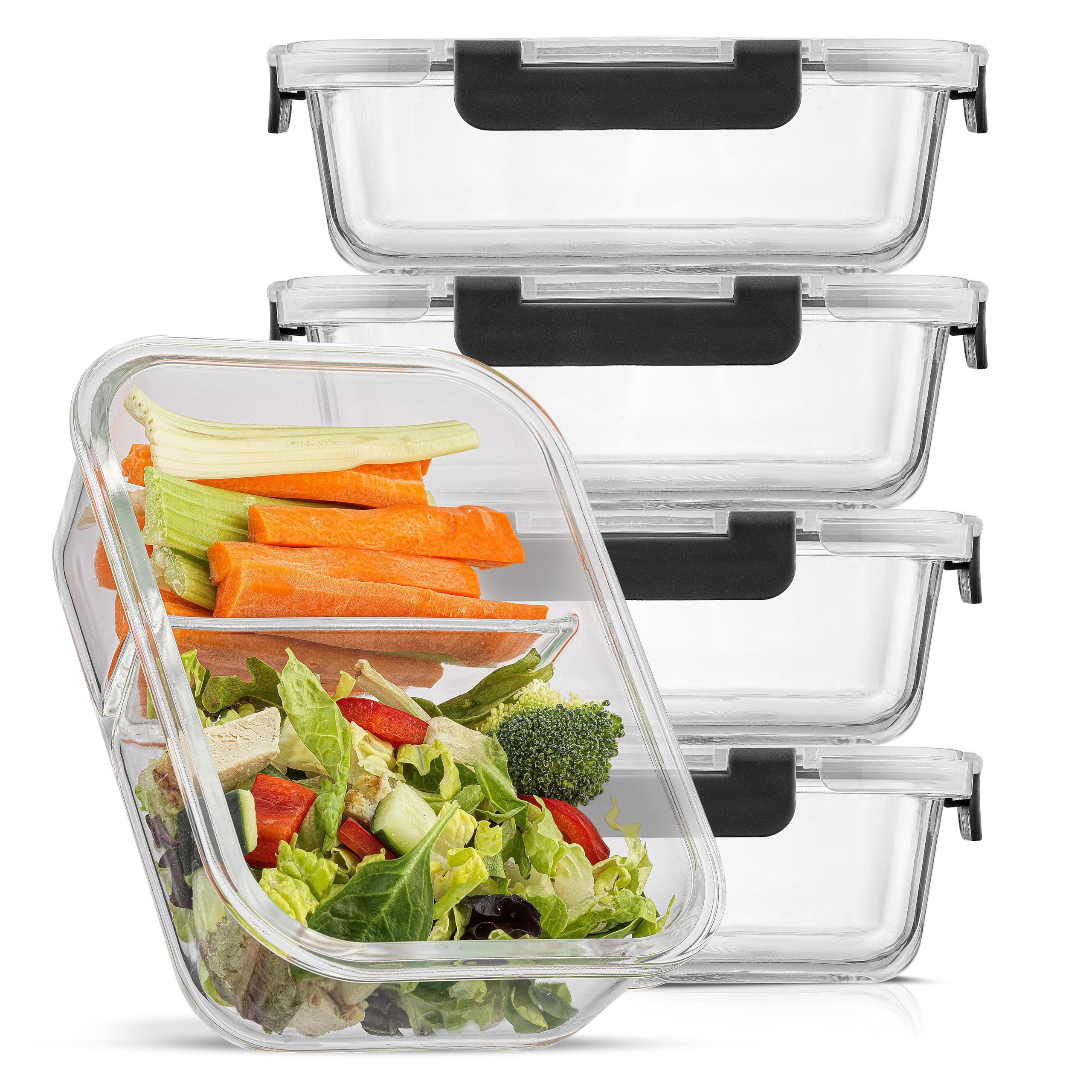 JoyJolt Divided Food Storage Containers with Lids Airtight. 5 Pack Glass Meal Prep Containers 2 Compartment Set Glass Bento Box. Reusable Food Containers, Portion Control Containers for Weight Loss