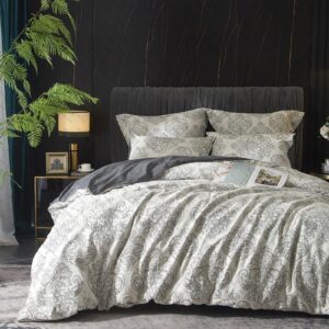 grassix linen duvet cover king - paisley jacquard linen cotton blend duvet cover set, textured king size duvet cover soft breathable, 1 comforter cover 104"x90" & 2 pillowcases, grey