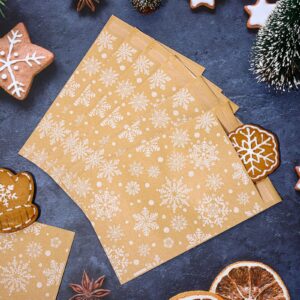 Whaline 100Pcs Christmas Kraft Treat Bags Self-Adhesive Winter White Snowflake Prints Goodie Snack Gift Bags Xmas Candy Buffet Kraft Bags for Winter Holiday Party Favor Supplies