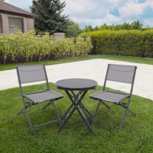 BTEXPERT 3-Piece Patio Bistro Dining Furniture Set Portable Folding Picnic Table Two Chairs Outdoor Foldable Gray for Backyard Porch Party RV Event Camping Commercial Grade Tempered Glass No Assembly