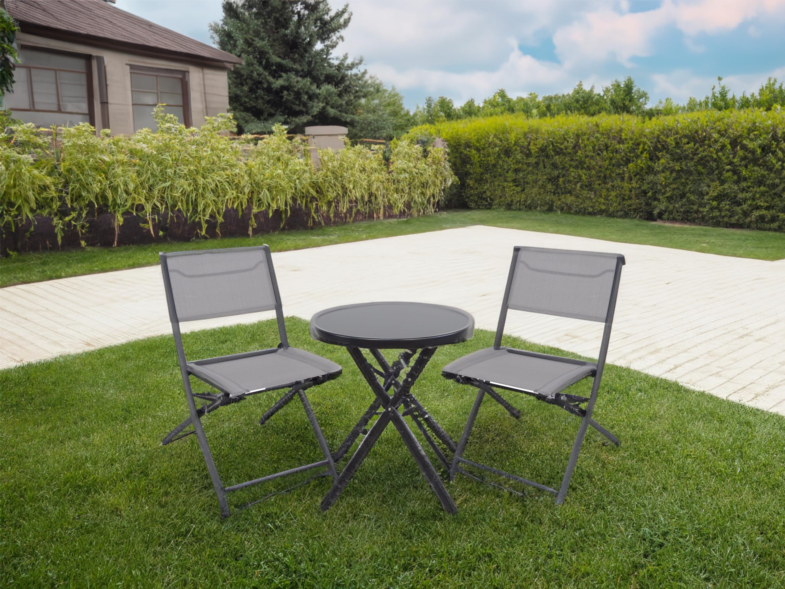 BTEXPERT 3-Piece Patio Bistro Dining Furniture Set Portable Folding Picnic Table Two Chairs Outdoor Foldable Gray for Backyard Porch Party RV Event Camping Commercial Grade Tempered Glass No Assembly