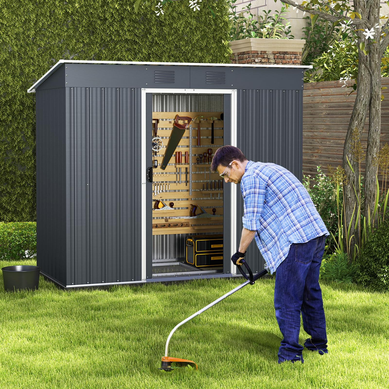 Goplus Outdoor Storage Shed with Floor Foundation, 3.2 FT x 6.7 FT Weather-Resistant Metal Tool Shed w/Air Vents & Lockable Door, Garden Sheds & Outdoor Storage for Outside Backyard, Patio, Lawn