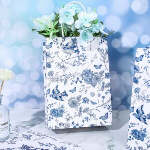 AnyDesign 16Pcs Floral Paper Gift Bags Blue White Party Bags with Handles Chinoiserie Hydrangea Branches Decorative Packaging Bags for Wedding Birthday Party Supply