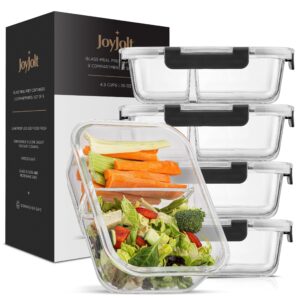 JoyJolt Divided Food Storage Containers with Lids Airtight. 5 Pack Glass Meal Prep Containers 2 Compartment Set Glass Bento Box. Reusable Food Containers, Portion Control Containers for Weight Loss