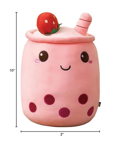 Galatee 9.8" Cute Bubble Tea Stuffed Animal Plush Pillow,Soft Kawaii Red Strawberry Boba Plushie Hugging Pillow,Gifts for Children