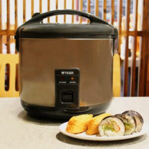 Tiger Rice Cooker - Premium Stainless Steel 8-Cup Rice Cooker with Fuzzy Logic Technology - Fast Cooking and Easy Cleanup - (Urban Satin) Bundle with Rice Container Bin and Washing Bowl (3 Items)