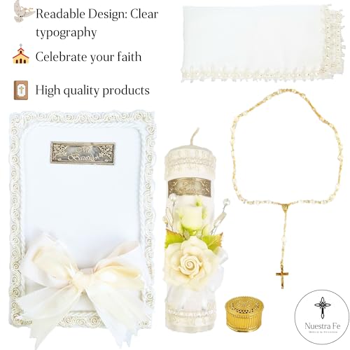 5 Pcs Ivory/Cream Baptism Candle Set for Boys and Girls - Velas para bautizo - Vela de bautizo para niño - Vela para bautizo de niña - Catholic Baptism Candle Set Girl - Baptism kit Baptism Bible