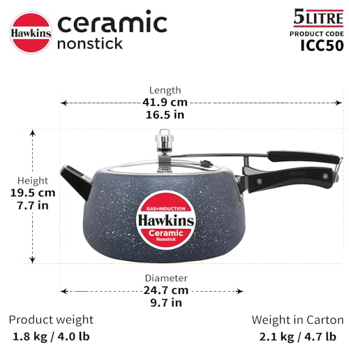 Hawkins 5 Litre Ceramic Nonstick Pressure Cooker, Induction Inner Lid Cooker, Granite Contura shaped Cooker, Best Cooker, Blue (ICC50)