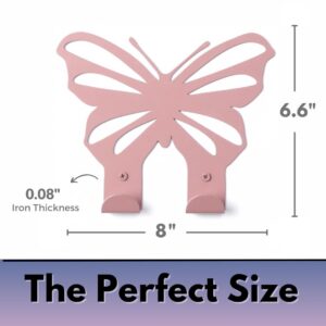 ARTiLETTO Butterfly Wall Hooks:Girl’s Bedroom Double-Hook Coat Rack Mount for Hanging Coats, Clothing, Backpacks, Purses, Jewelry, Towels, Girls Room Décor, Cute, 2 Metal Hangers, Pink