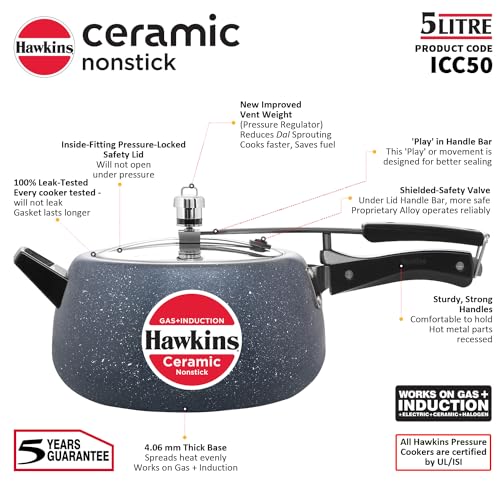 Hawkins 5 Litre Ceramic Nonstick Pressure Cooker, Induction Inner Lid Cooker, Granite Contura shaped Cooker, Best Cooker, Blue (ICC50)