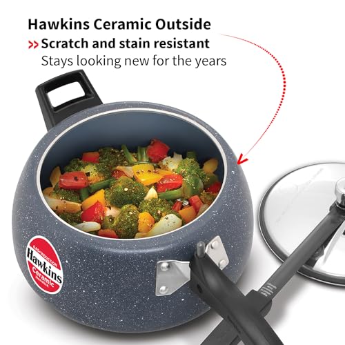 Hawkins 5 Litre Ceramic Nonstick Pressure Cooker, Induction Inner Lid Cooker, Granite Contura shaped Cooker, Best Cooker, Blue (ICC50)