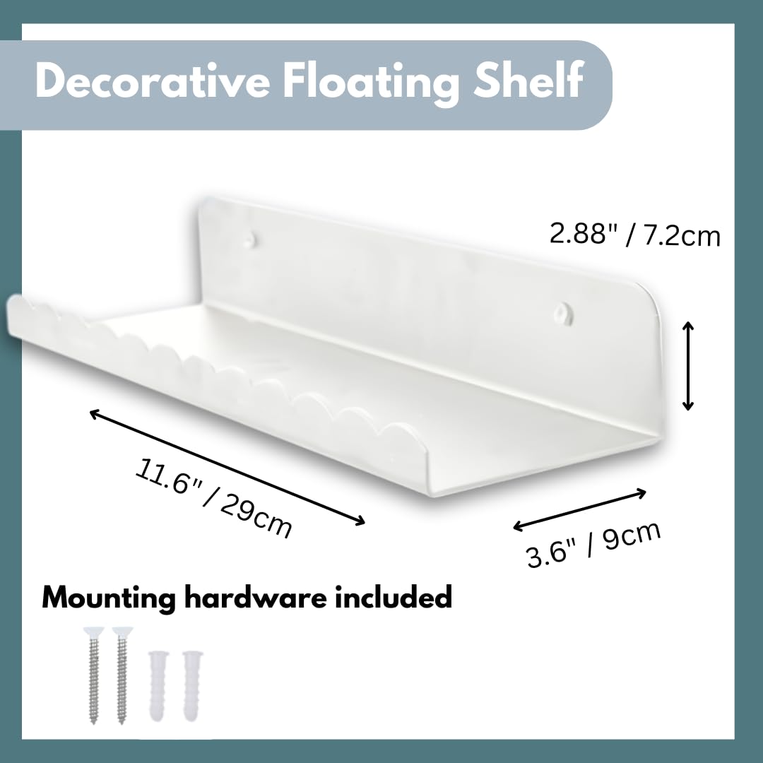 ARTiLETTO Decorative Floating Shelf: Stylish Heavy-Duty Modern Bookshelf for Living Room, Kitchen, Office, Bedroom, or Bathroom, L-Shape, Scallop Edge, Aluminum Wall Shelf, 11.6 Inch, Crème White