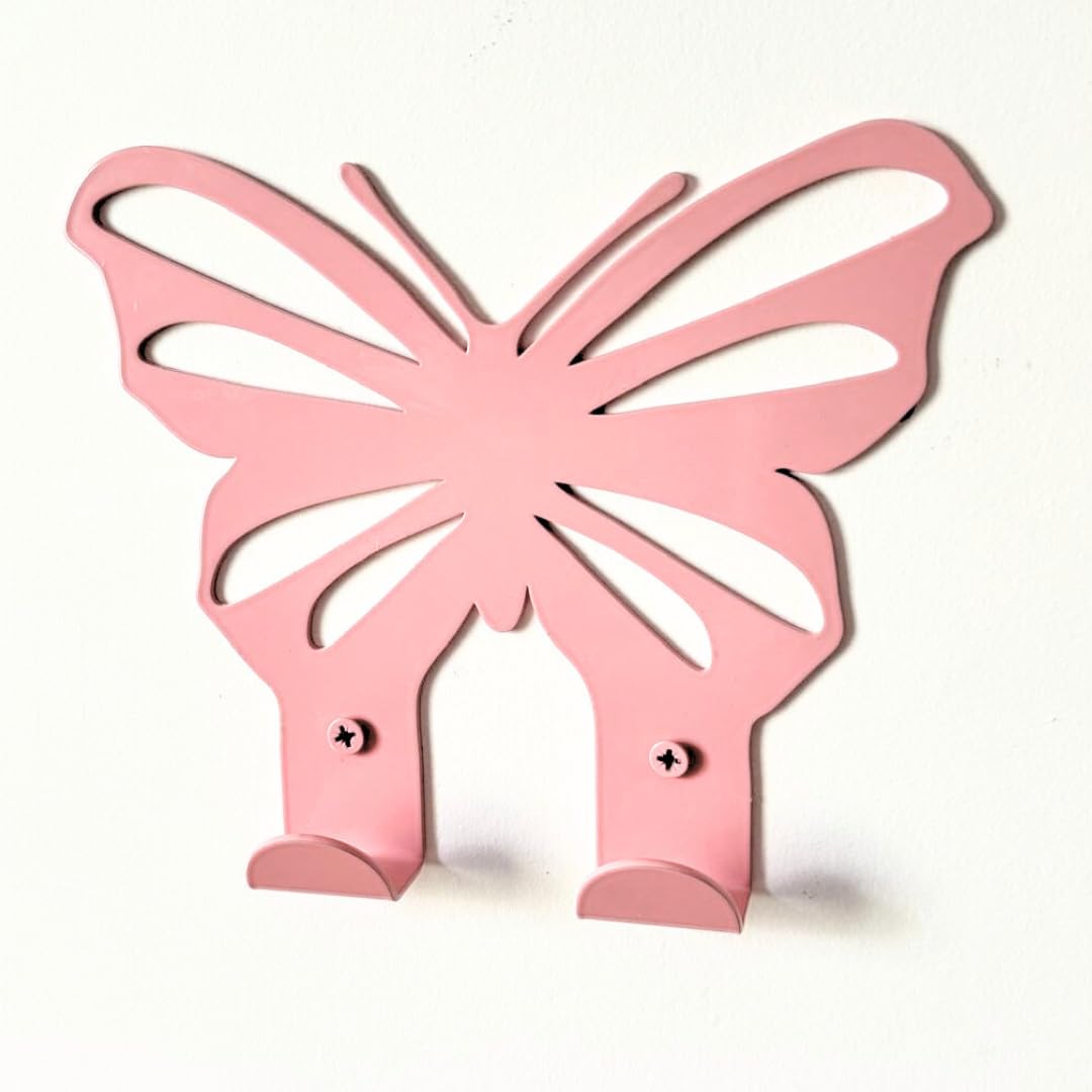 ARTiLETTO Butterfly Wall Hooks:Girl’s Bedroom Double-Hook Coat Rack Mount for Hanging Coats, Clothing, Backpacks, Purses, Jewelry, Towels, Girls Room Décor, Cute, 2 Metal Hangers, Pink