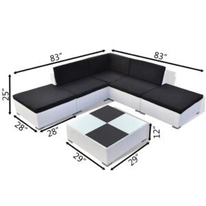 vidaXL Outdoor Patio Lounge Set - White PE Rattan Design with Black Cushions - 6 Piece Set with Corner Sofa, Center Sofas, Ottomans, and Tea Table - Easy Assembly